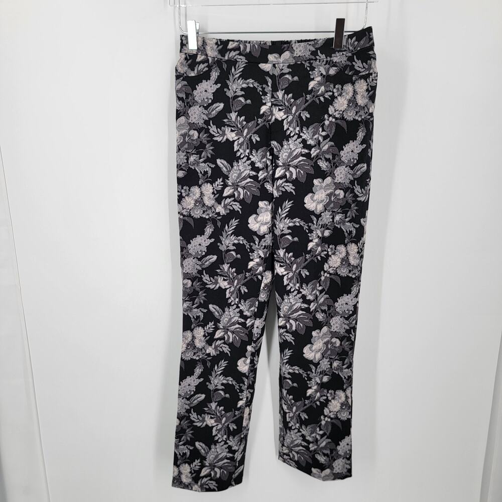 Isaac Mizrahi Live Pants Womens 4P Petite Floral Black Gray Stretch Waist